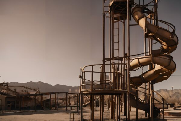 An abandoned, rusty playground slide set in a desolate desert landscape with mountains in the background.
