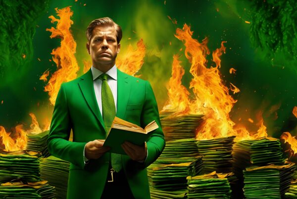 A man in a green suit stands confidently with an open book, undeterred by the fiery blaze of burning paper stacks surrounding him.