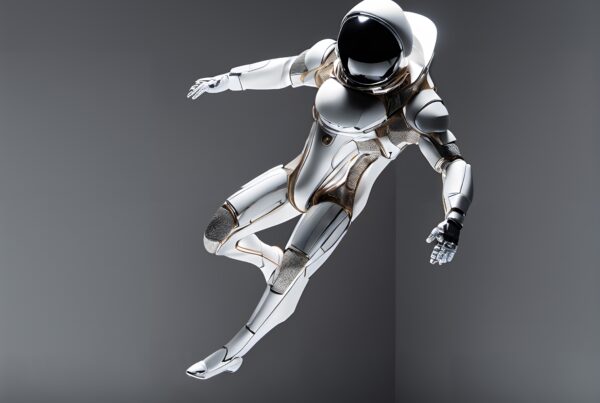 Futuristic humanoid robot floats in mid-motion within a minimalist setting.