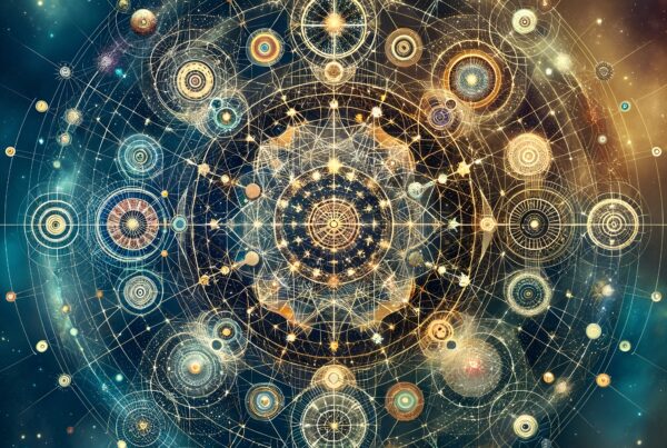 A detailed cosmic mandala art piece with celestial patterns set against a starry night sky, showcasing interconnected stars and planetary systems.