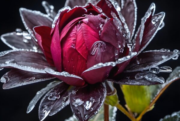 Crimson flower with frosted petals, glistening in winter light against a black background.