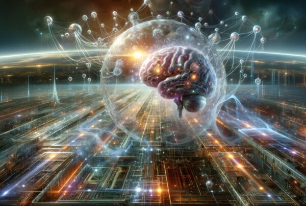 A neural network brain encased in a glowing digital cityscape, symbolizing futuristic AI concepts.