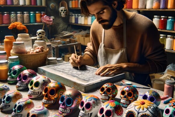 Artist painting colorful sugar skulls in a vibrant Day of the Dead workshop setting.