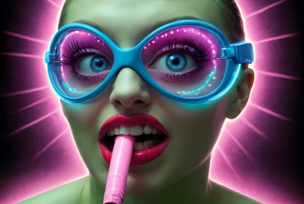 A person in neon blue goggles with vibrant pink lighting creating a surreal, futuristic fashion aesthetic.
