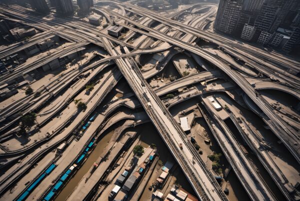 Aerial view of a complex urban highway interchange with skyscrapers and shipping containers.