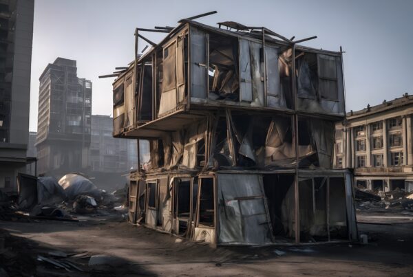 A makeshift structure amidst urban decay.