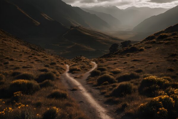 A winding mountain path under dramatic, cloudy skies.