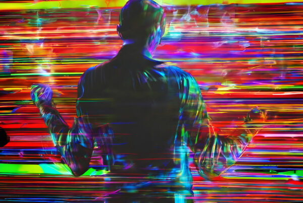 A digital illustration exploring themes of technology and human identity.