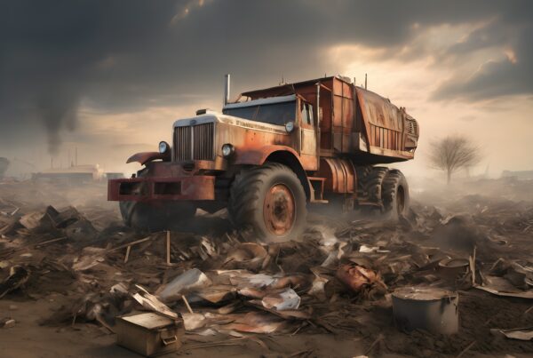 Rusty abandoned truck in desolate landscape.