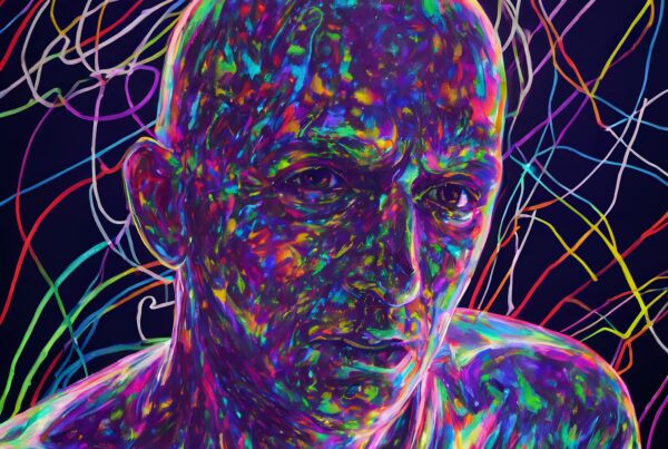 A colorful abstract portrait of a man surrounded by dynamic neon lines.