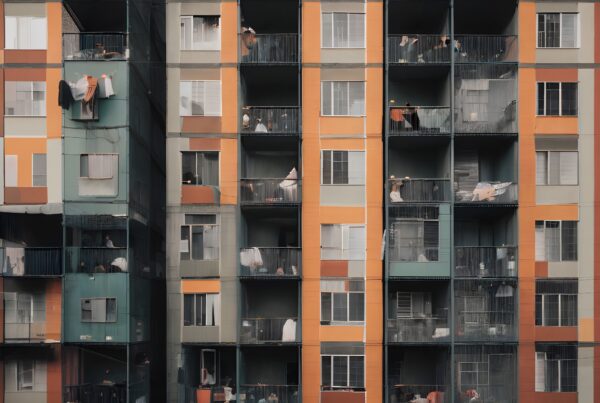 A vibrant urban apartment building with vivid orange and green facades, featuring balconies filled with daily life activities and items.
