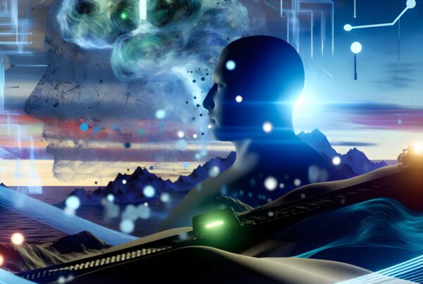 A surreal digital art image combining human consciousness, technology, and nature in an abstract landscape with glowing elements and circuit patterns.
