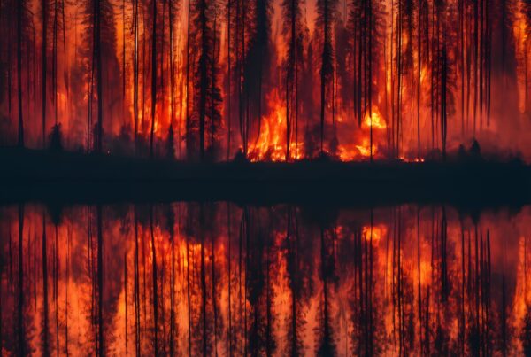A fierce wildfire consumes a forest, its fiery reflection mirrored in the calm water below, creating a dramatic and destructive scene.