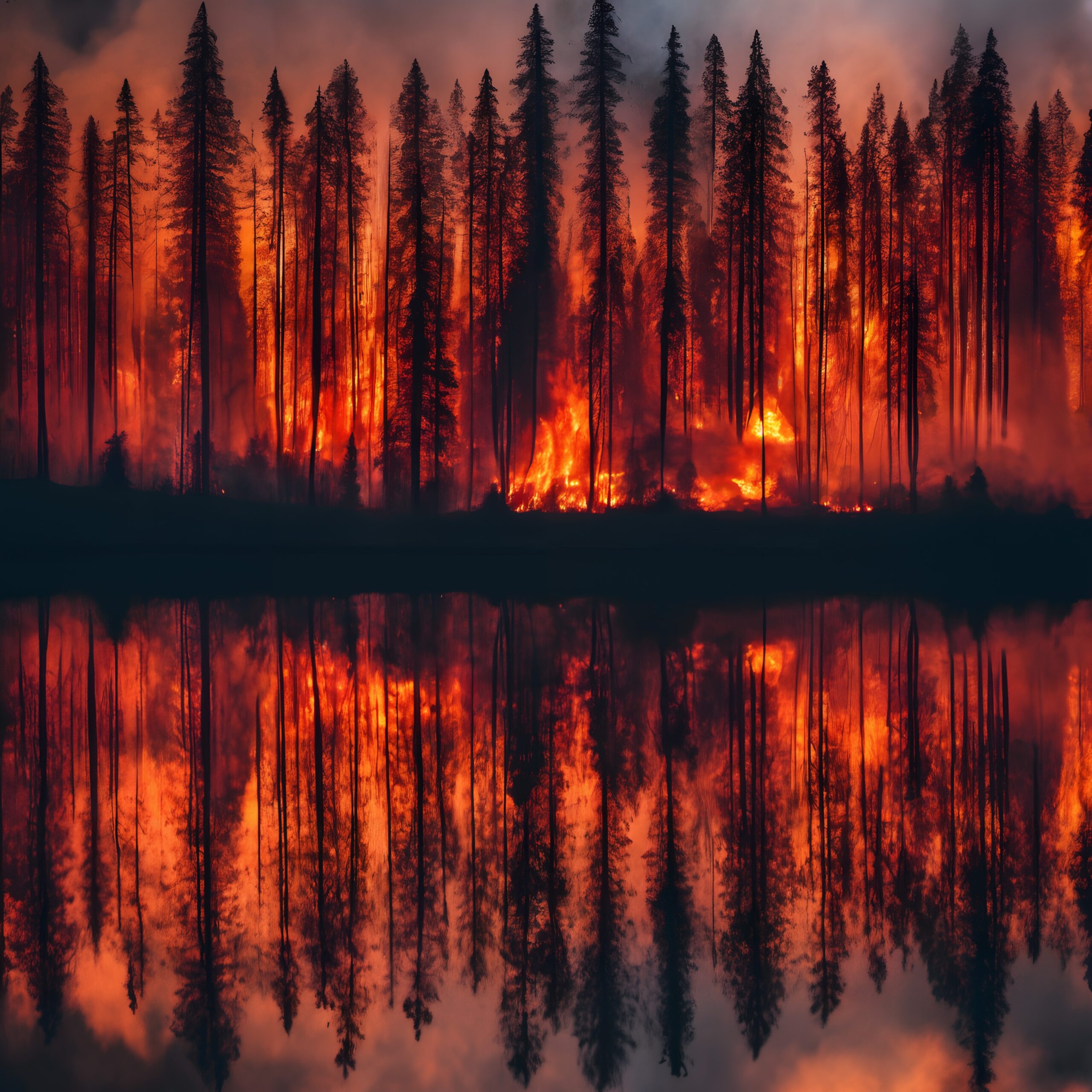 Wildfire Ravages Forest With Reflection