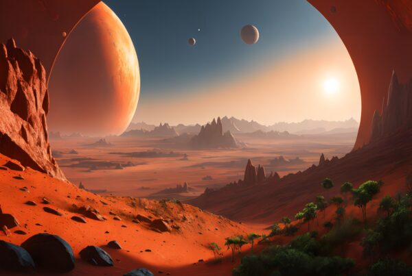 Dramatic alien landscape with red desert, celestial bodies, and rocky arch.