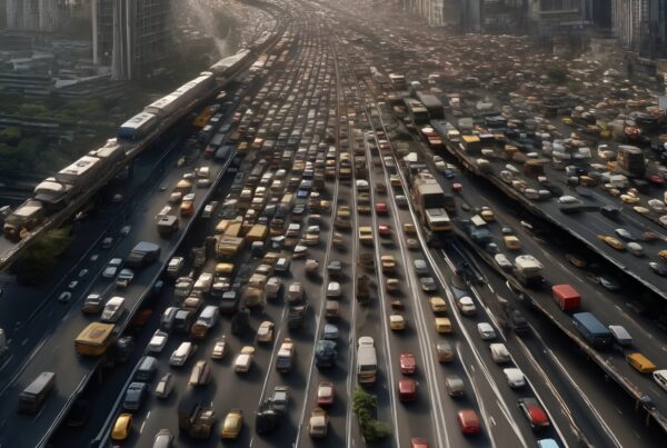 Aerial view of massive urban highway traffic jam with cars, buses, and trains amidst cityscape.