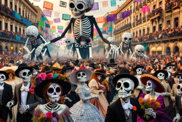A colorful Day of the Dead parade features elegantly dressed participants in skeleton makeup.