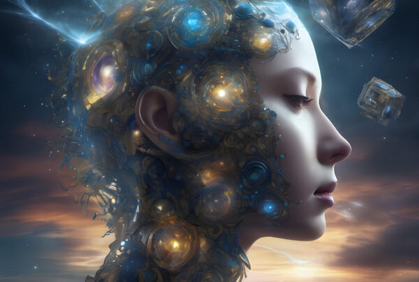 Ethereal Cyborg Contemplation at Sunset: Fusion of Flesh and Machine