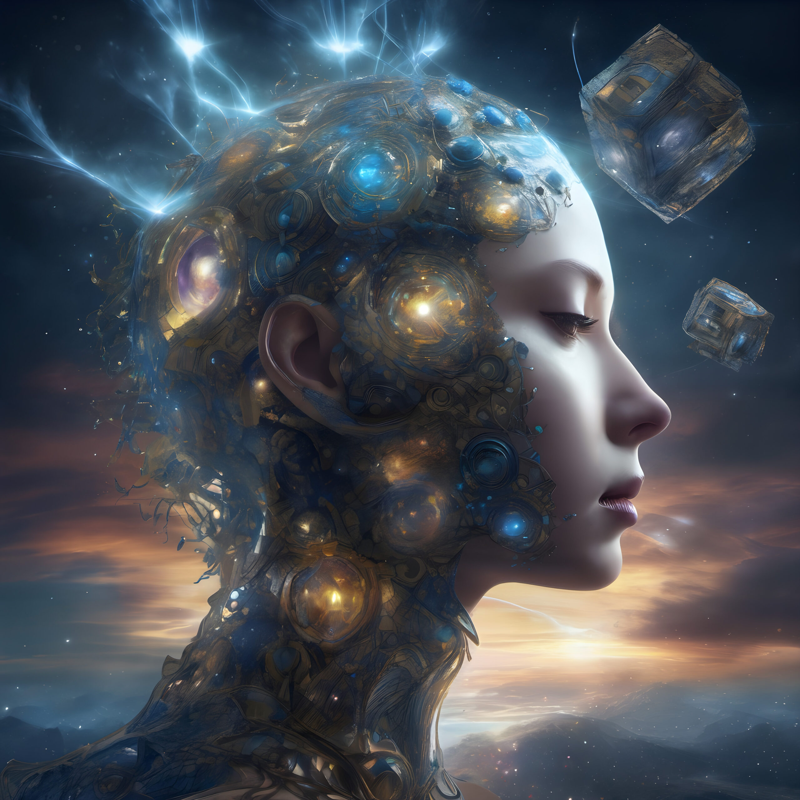 Ethereal Cyborg Contemplation at Sunset