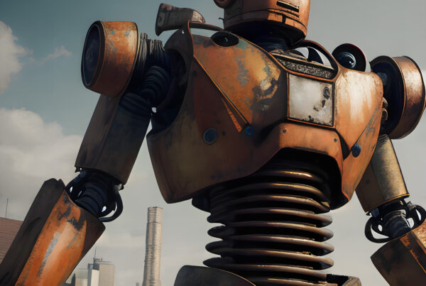 A large, humanoid robot with a design that evokes a sense of retro-futurism.