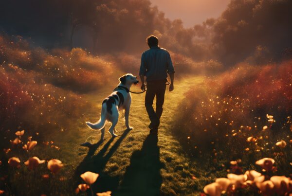 A man walks with a dog on a sunlit path surrounded by vivid orange flowers during a beautiful sunset.