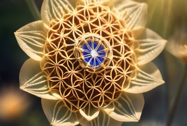 A detailed artistic flower with geometric patterns and vibrant colors in sunlight.