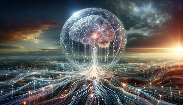 Ethereal landscape with digital brain network.