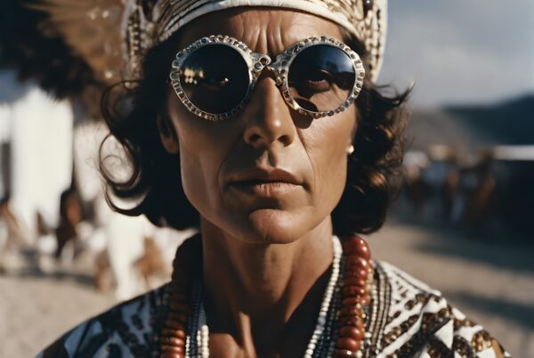 A person wearing ornate sunglasses and a headdress in a sunlit desert setting, showcasing cultural fashion.