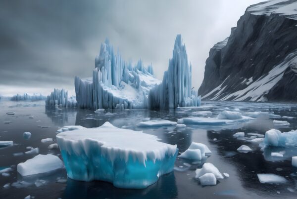 A breathtaking icy landscape with towering ice formations and a reflective water surface under an overcast sky.