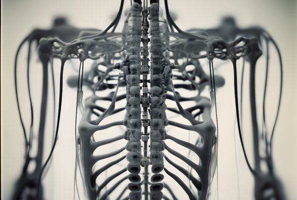 Futuristic mechanical structure resembling human anatomy.