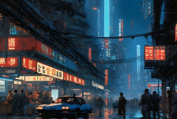 Bright urban street at night with colorful neon lights reflecting off a wet cityscape.