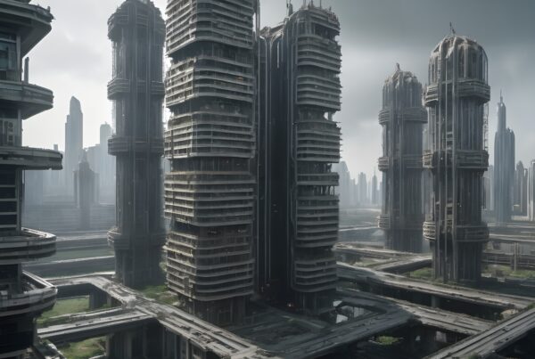 "Futuristic cityscape with towering skyscrapers interconnected by elevated pathways under an overcast sky."