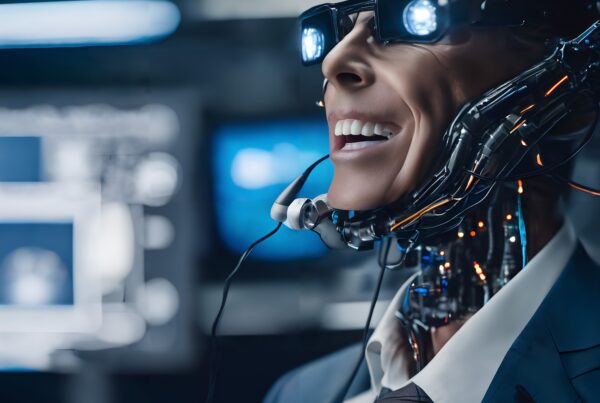 A smiling cyborg in a suit with glowing eyewear showcases cybernetic augmentation in a high-tech environment.