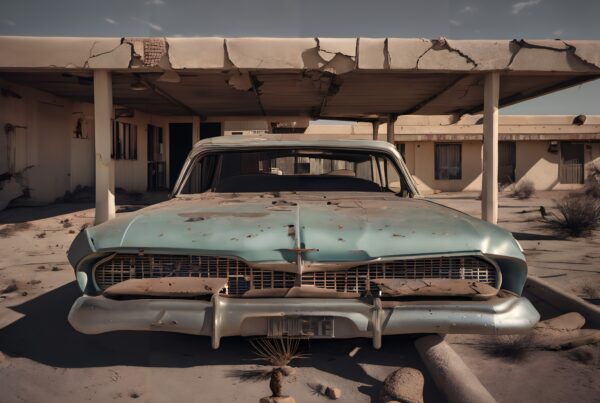 A rusty vintage car under a crumbling carport in an abandoned, dusty motel setting.
