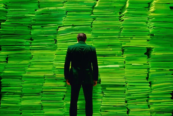 A man in a suit faces a towering wall of green folders, symbolizing a daunting workload or bureaucratic challenge.