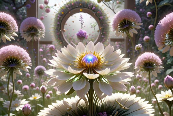 A dreamy, surreal garden with radiant flowers and glowing orb in vibrant colors.