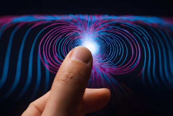 A finger reaches towards a glowing center surrounded by colorful magnetic field lines on a black background.
