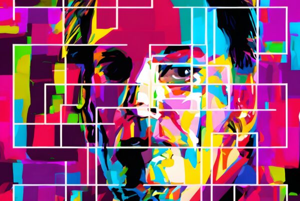 A vibrant, abstract geometric portrait in vivid colors.