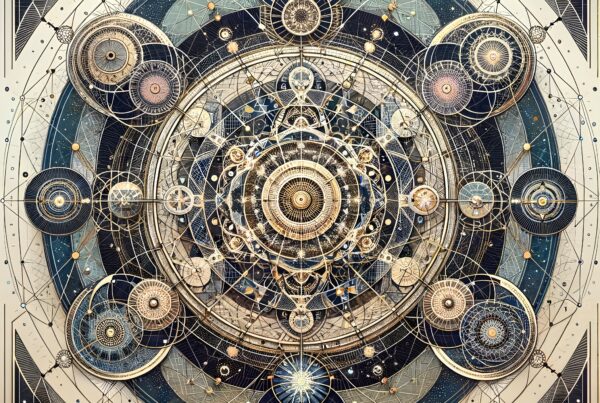 An intricate celestial mandala with geometric patterns and cosmic themes in shades of blue and gold.
