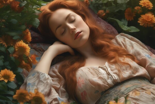 A woman with auburn hair peacefully sleeps among vibrant orange flowers in a lush garden setting.