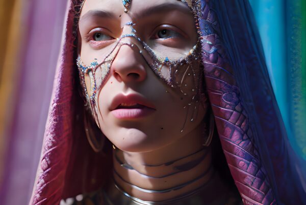 A person adorned with intricate jeweled facial ornament and purple headscarf, evoking elegance and mystique.