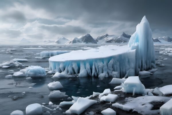 Breathtaking icy landscape with towering iceberg and snowy mountains.