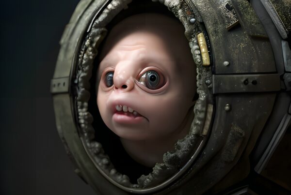 A childlike creature peers curiously from a metallic pod, evoking a blend of fantasy and science fiction themes.