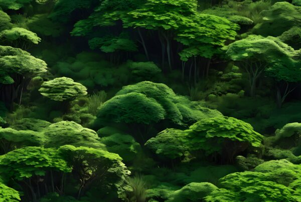 Lush green forest landscape with dense tree canopies and vibrant foliage.