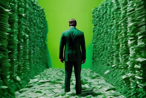 A man in a green suit stands surrounded by towering stacks of money in a vibrant green room, symbolizing immense wealth.