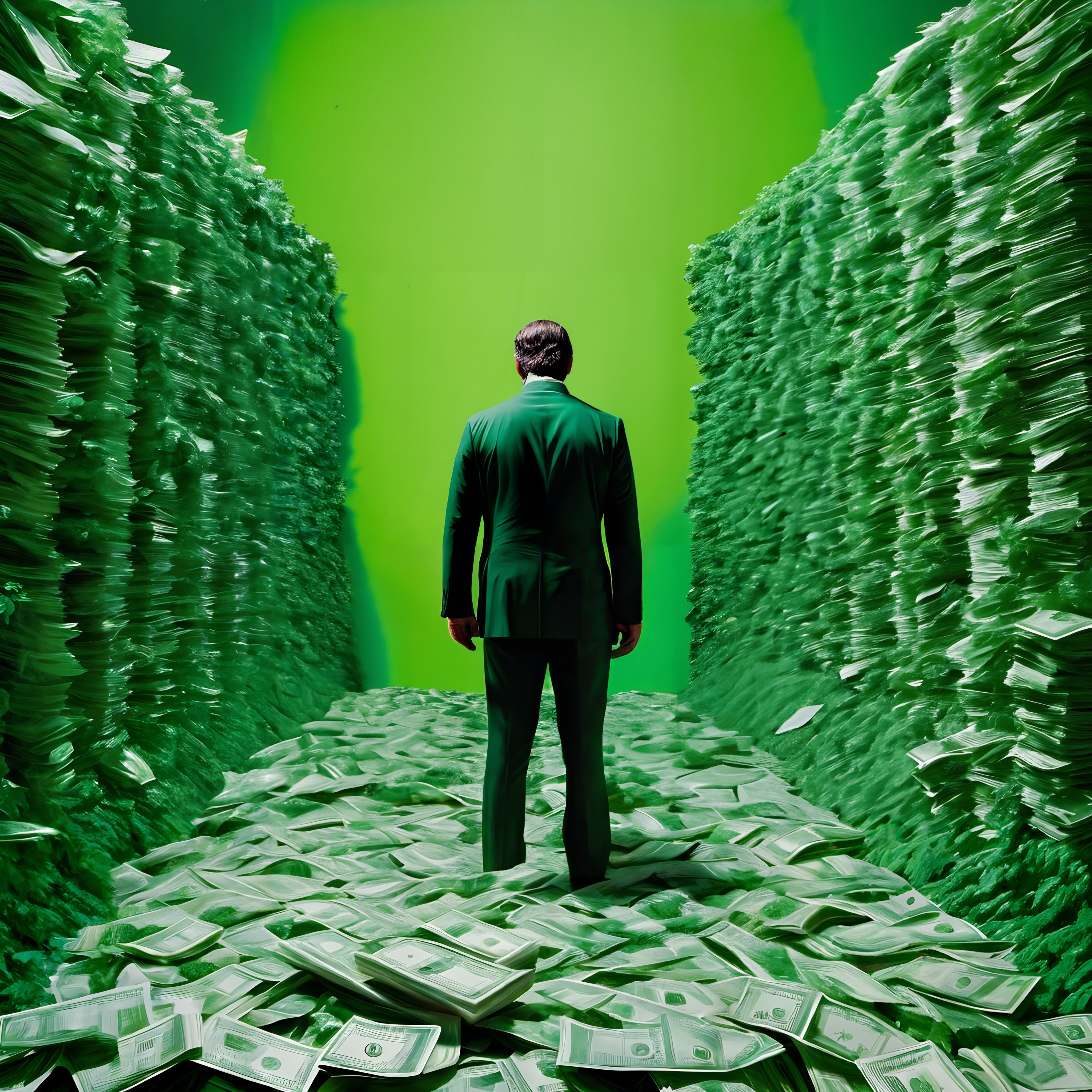 Man Standing Among Money Stacks