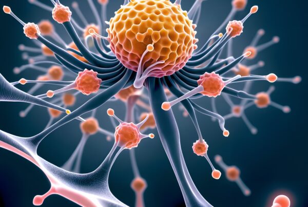 Abstract biological structure with central orange sphere, blue radiating tendrils, and pink spheres.