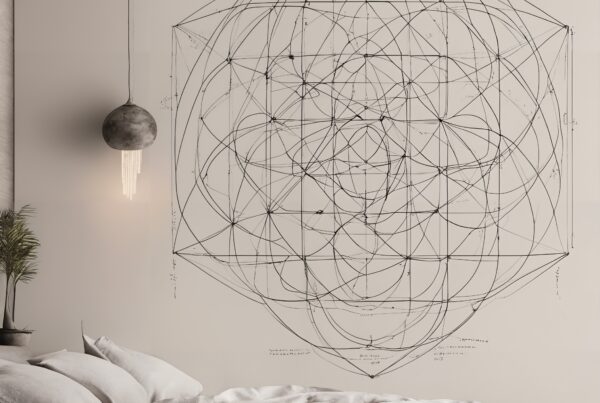 Contemporary bedroom with geometric wall art and cozy lighting.