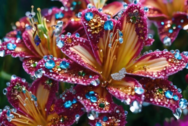 Beautiful jeweled flowers with vibrant petals and sparkling accents in a lush garden setting.