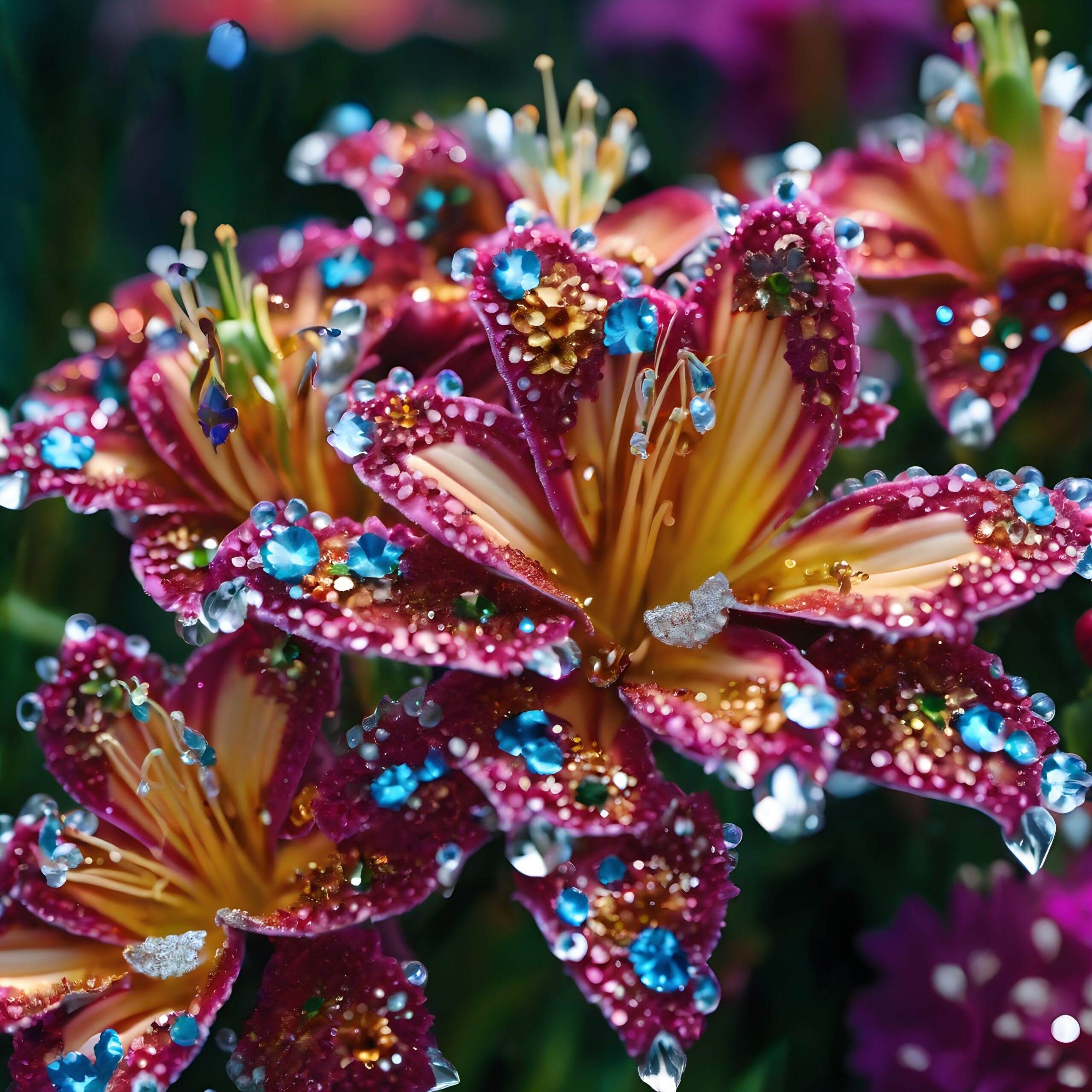 Jewels Adorn Vibrant Blooming Petals
